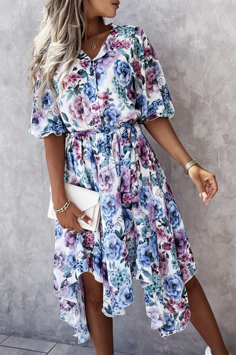 Fashion Elegant Floral Buckle With Belt V Neck Irregular Dress Dresses - Fashionpara