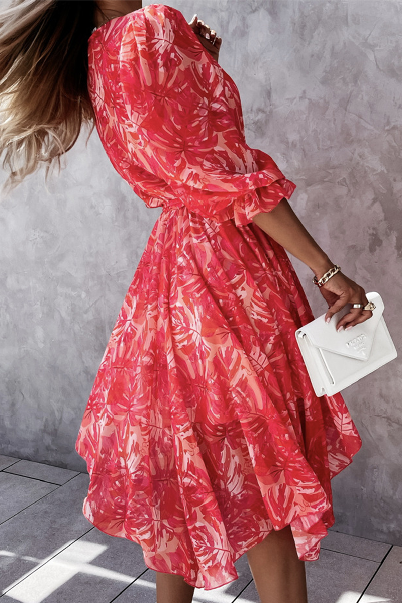 Fashion Elegant Floral Buckle With Belt V Neck Irregular Dress Dresses - Fashionpara