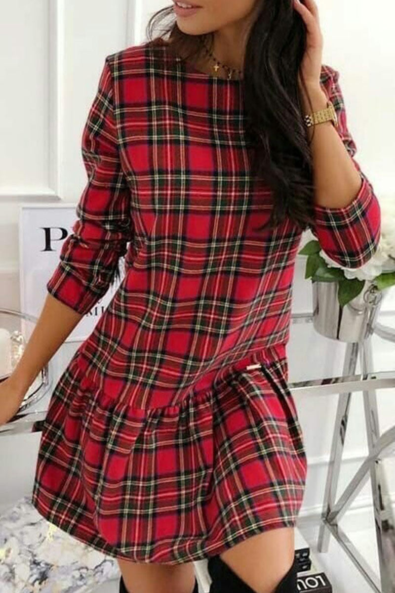 Fashion Casual Plaid Split Joint Mandarin Collar Princess Dresses - Fashionpara