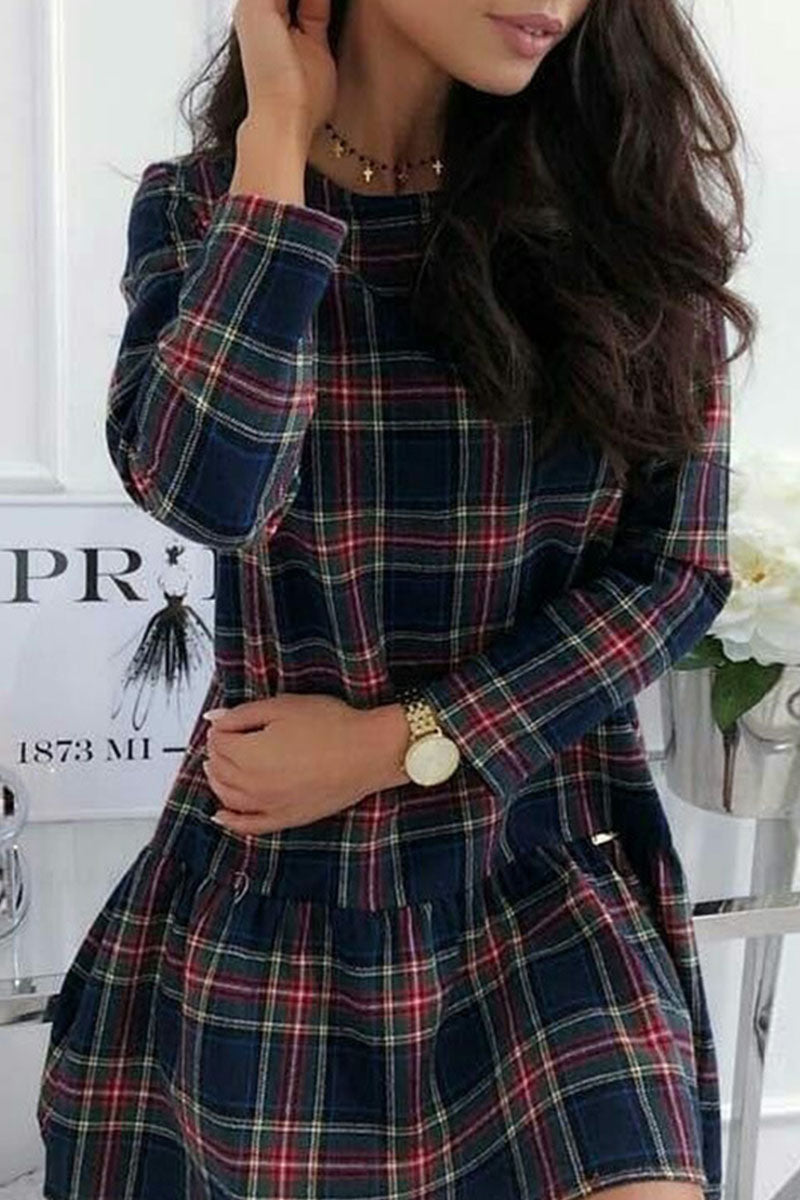 Fashion Casual Plaid Split Joint Mandarin Collar Princess Dresses - Fashionpara