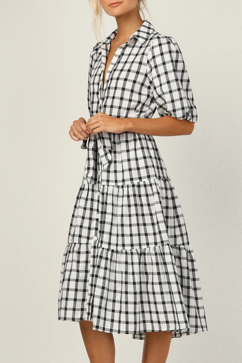 Fashion Casual Plaid Split Joint Turndown Collar A Line Dresses - Fashionpara