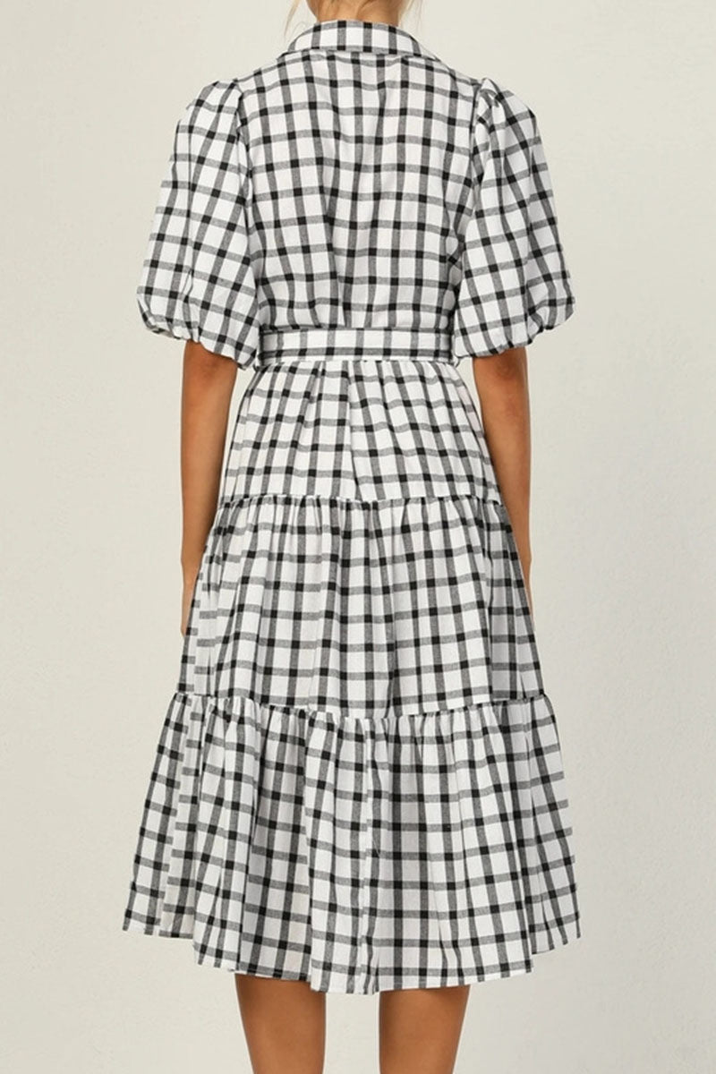 Fashion Casual Plaid Split Joint Turndown Collar A Line Dresses - Fashionpara