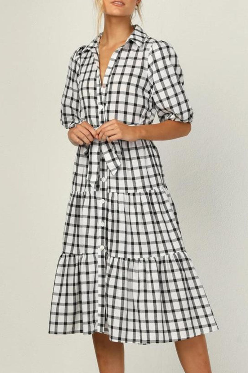 Fashion Casual Plaid Split Joint Turndown Collar A Line Dresses - Fashionpara