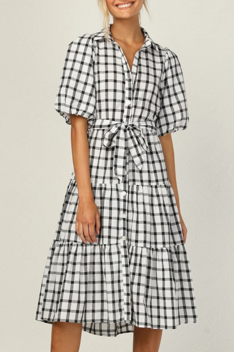 Fashion Casual Plaid Split Joint Turndown Collar A Line Dresses - Fashionpara