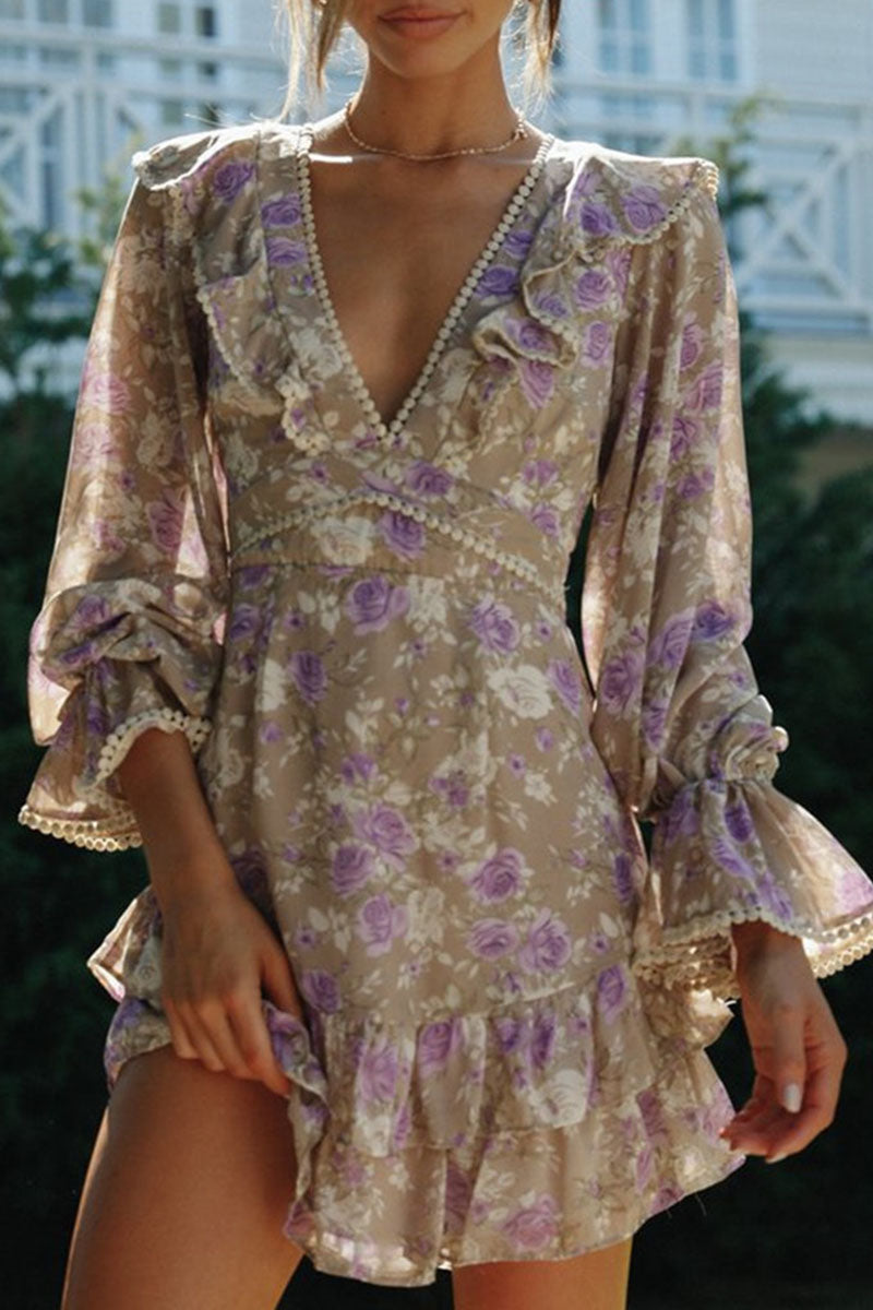 Fashion Street Print Backless V Neck A Line Dresses - Fashionpara