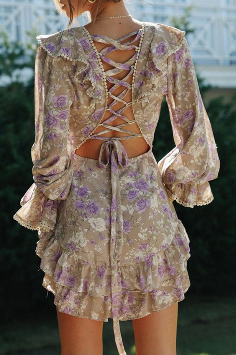 Fashion Street Print Backless V Neck A Line Dresses - Fashionpara