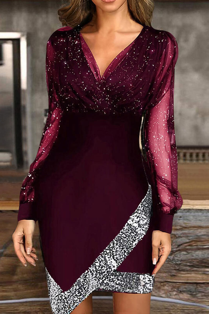 Fashion Street Solid Patchwork V Neck A Line Dresses - Fashionpara