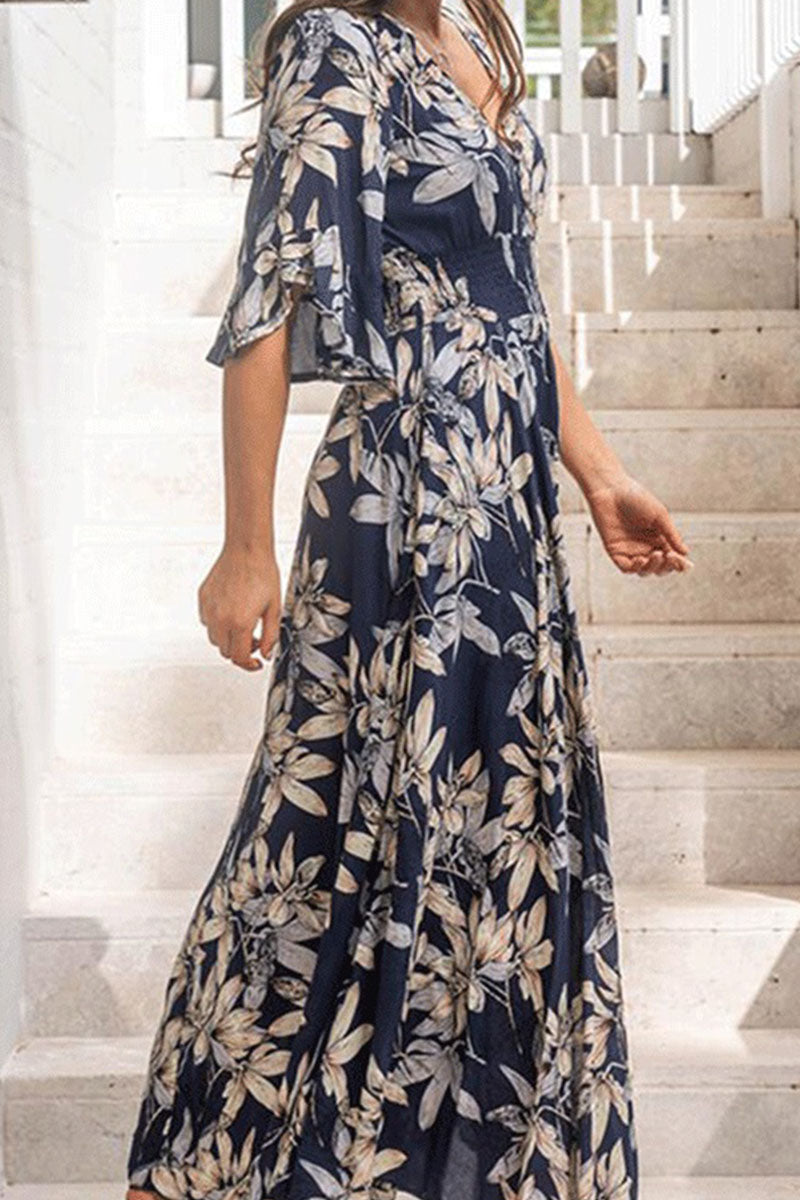 Fashion Street Print Patchwork V Neck Waist Skirt Dresses - Fashionpara