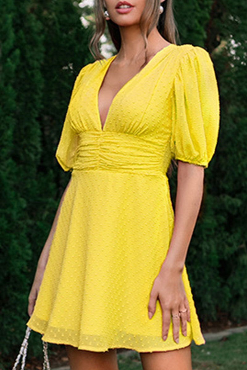 Fashion Casual Solid Patchwork V Neck A Line Dresses - Fashionpara