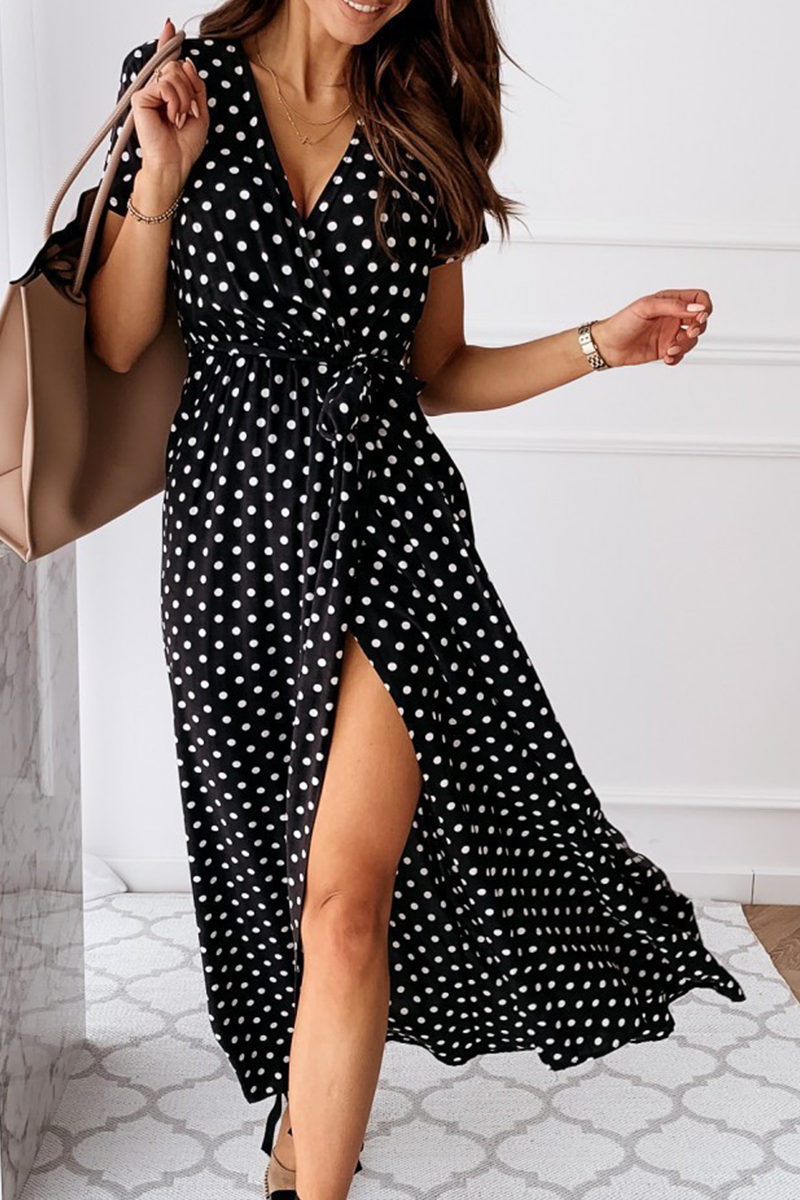 Fashion Elegant Polka Dot Frenulum Slit V Neck A Line Dresses - Fashionpara