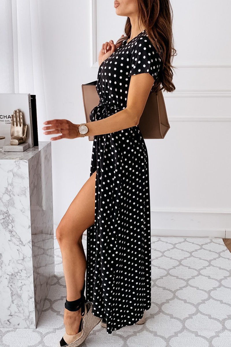 Fashion Elegant Polka Dot Frenulum Slit V Neck A Line Dresses - Fashionpara