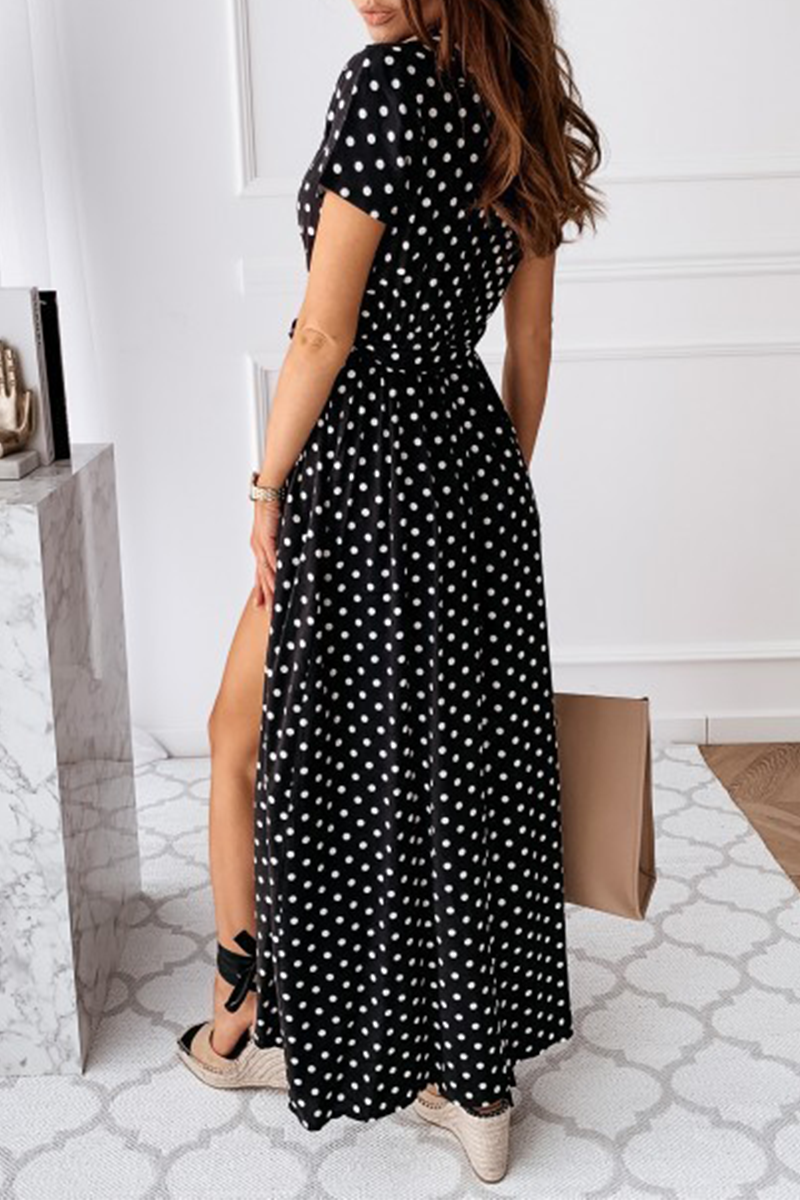 Fashion Elegant Polka Dot Frenulum Slit V Neck A Line Dresses - Fashionpara