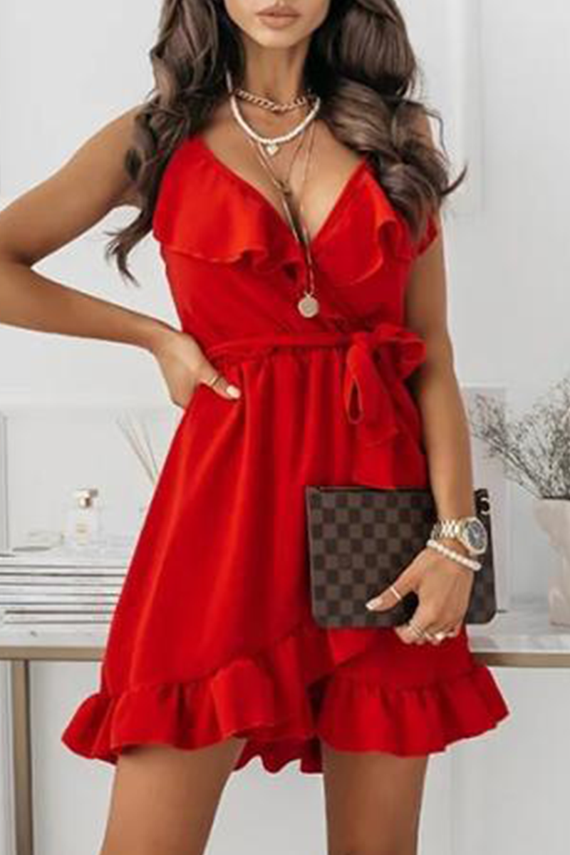 Fashion Elegant Solid Frenulum Flounce V Neck A Line Dresses - Fashionpara