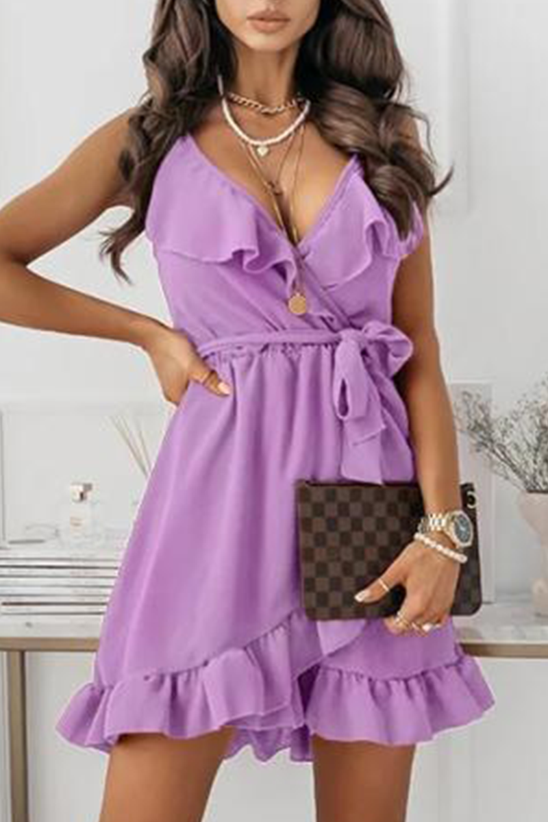 Fashion Elegant Solid Frenulum Flounce V Neck A Line Dresses - Fashionpara