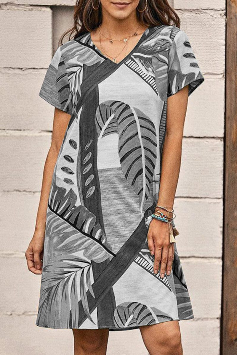 Fashion Casual Print Split Joint V Neck A Line Dresses - Fashionpara