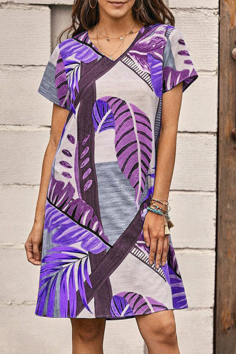 Fashion Casual Print Split Joint V Neck A Line Dresses - Fashionpara