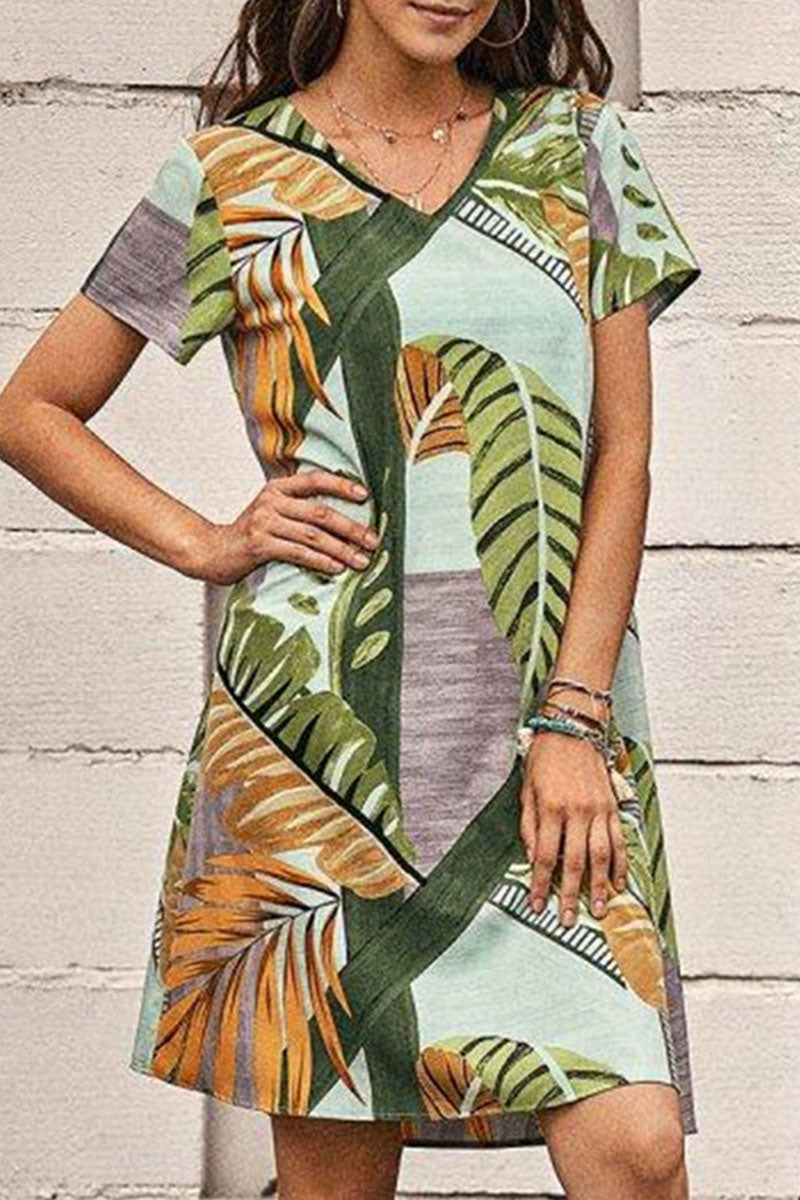 Fashion Casual Print Split Joint V Neck A Line Dresses - Fashionpara