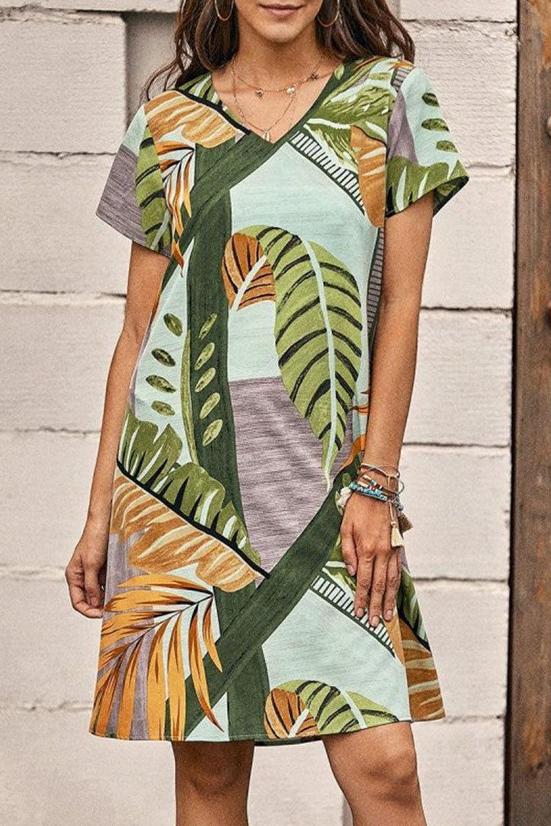 Fashion Casual Print Split Joint V Neck A Line Dresses - Fashionpara