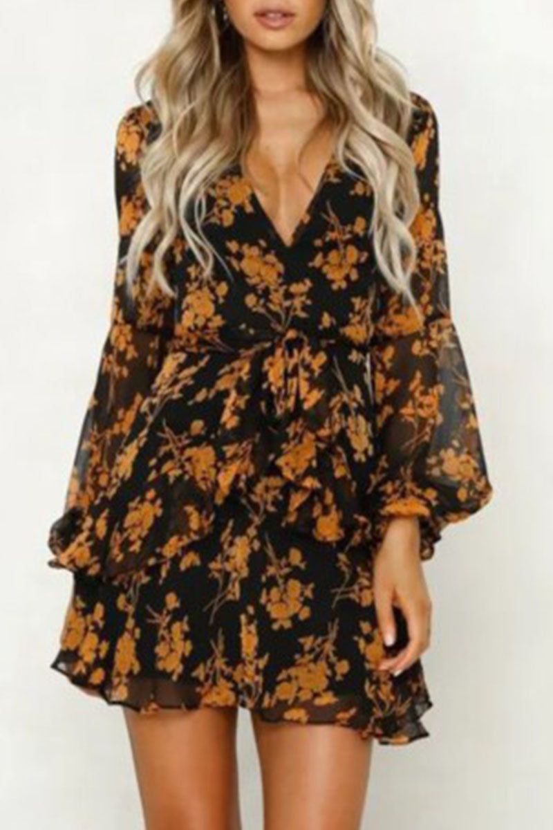 Fashion British Style Print Split Joint V Neck Princess Dresses - Fashionpara