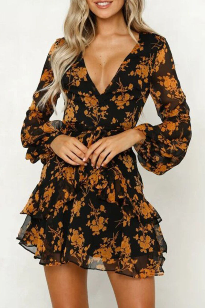 Fashion British Style Print Split Joint V Neck Princess Dresses - Fashionpara