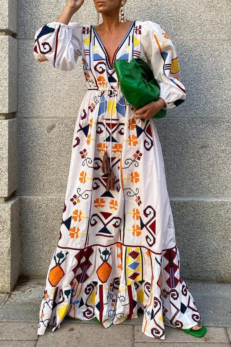 Fashion Elegant Print Draw String Frenulum V Neck A Line Dresses - Fashionpara