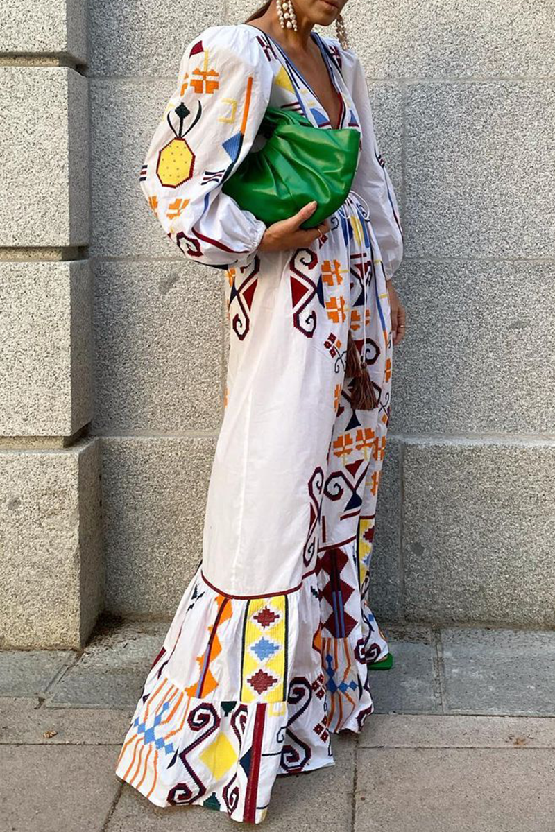 Fashion Elegant Print Draw String Frenulum V Neck A Line Dresses - Fashionpara