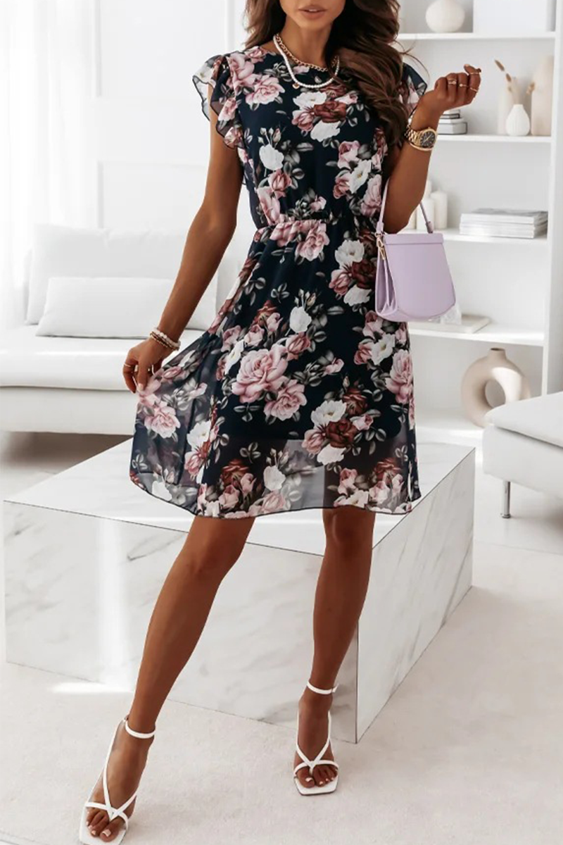 Fashion Elegant Floral Split Joint Flounce O Neck A Line Dresses - Fashionpara
