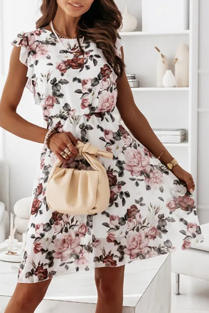 Fashion Elegant Floral Split Joint Flounce O Neck A Line Dresses - Fashionpara