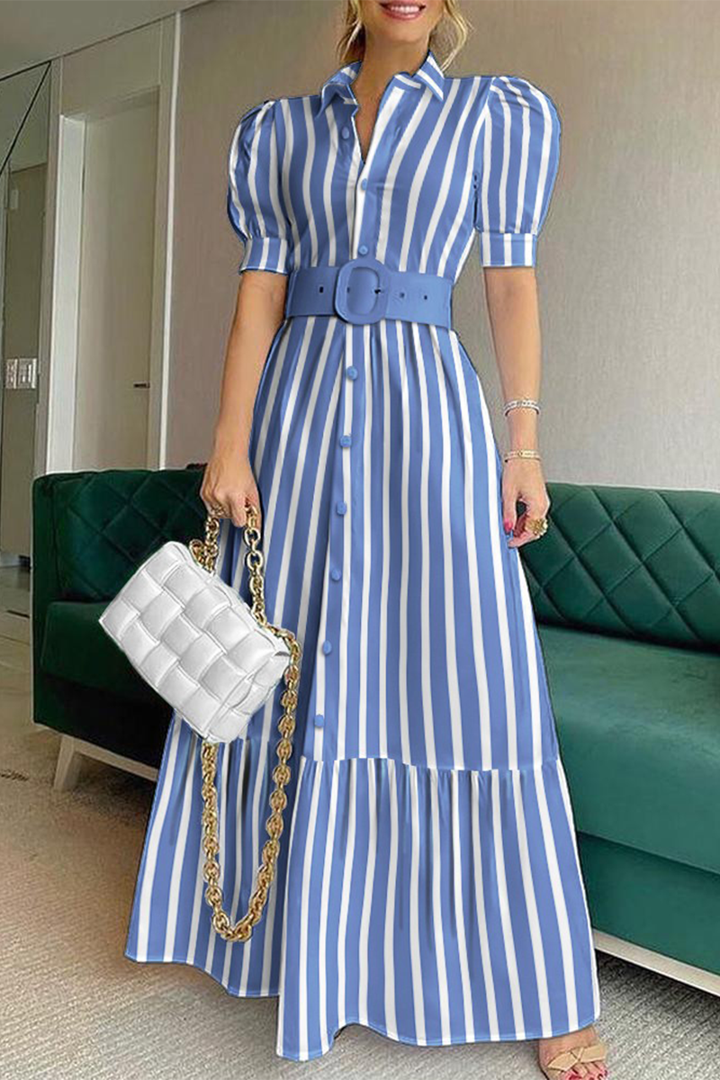 Fashion Elegant Striped Solid Buckle With Belt Shirt Collar A Line Dresses - Fashionpara