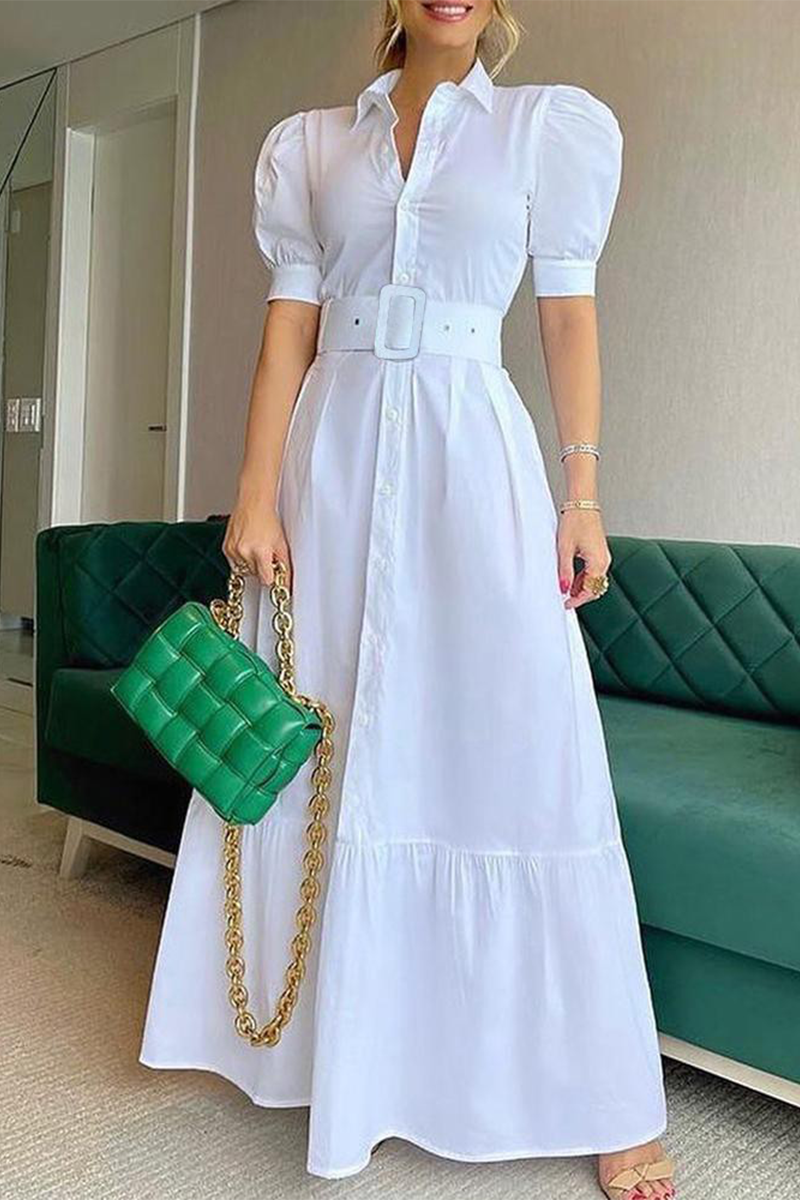 Fashion Elegant Striped Solid Buckle With Belt Shirt Collar A Line Dresses - Fashionpara
