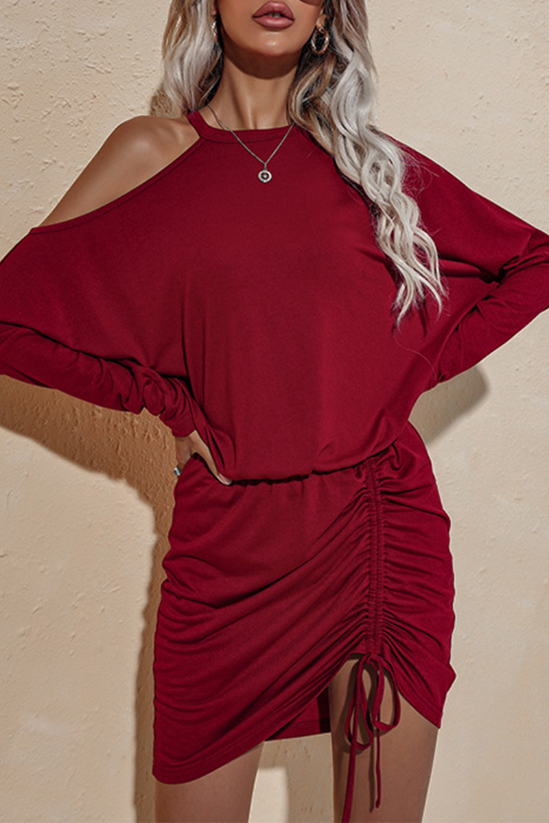 Fashion Elegant Solid Draw String Frenulum O Neck Irregular Dress Dresses - Fashionpara