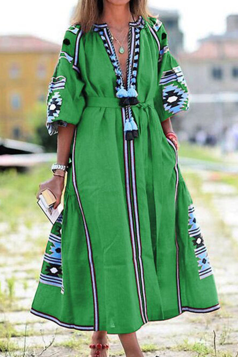 Fashion Casual Print Patchwork V Neck A Line Dresses(3 Colors) - Fashionpara