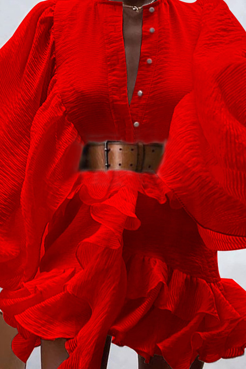 Fashion Elegant Solid Buckle Flounce With Belt O Neck A Line Dresses - Fashionpara