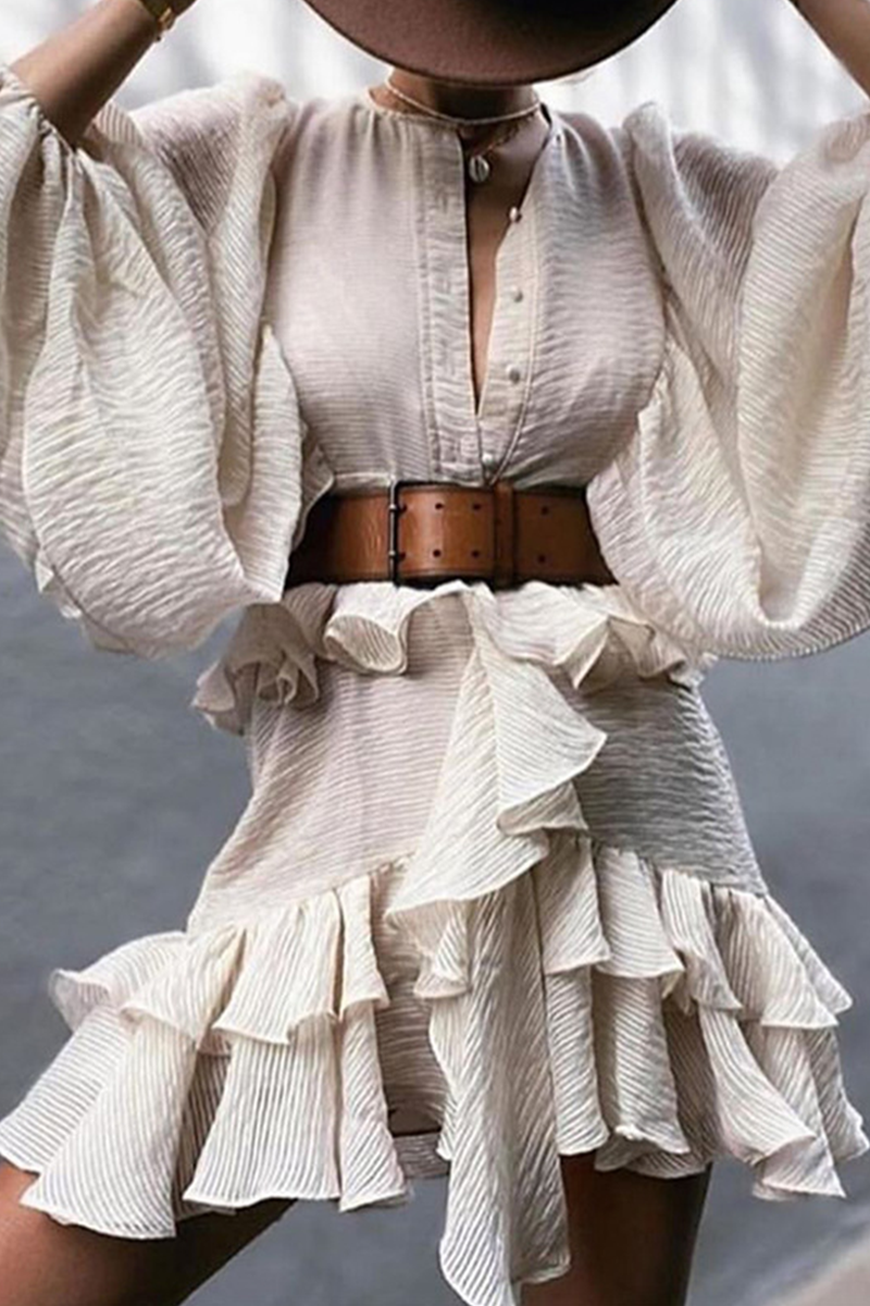 Fashion Elegant Solid Buckle Flounce With Belt O Neck A Line Dresses - Fashionpara