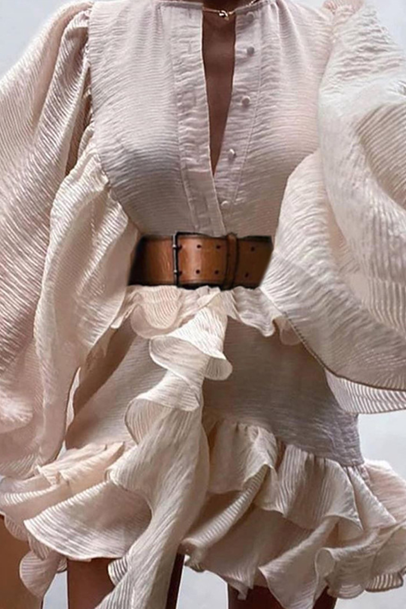 Fashion Elegant Solid Buckle Flounce With Belt O Neck A Line Dresses - Fashionpara