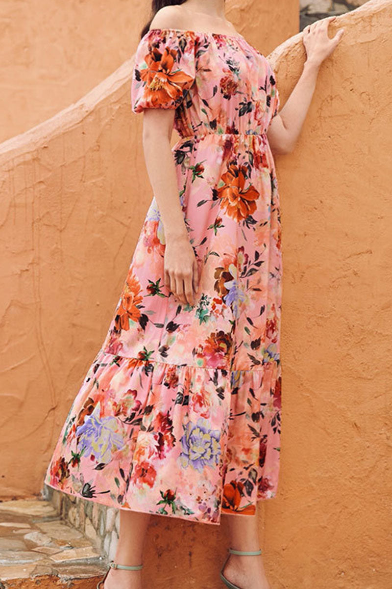 Fashion Street Print Split Joint Off the Shoulder A Line Dresses - Fashionpara