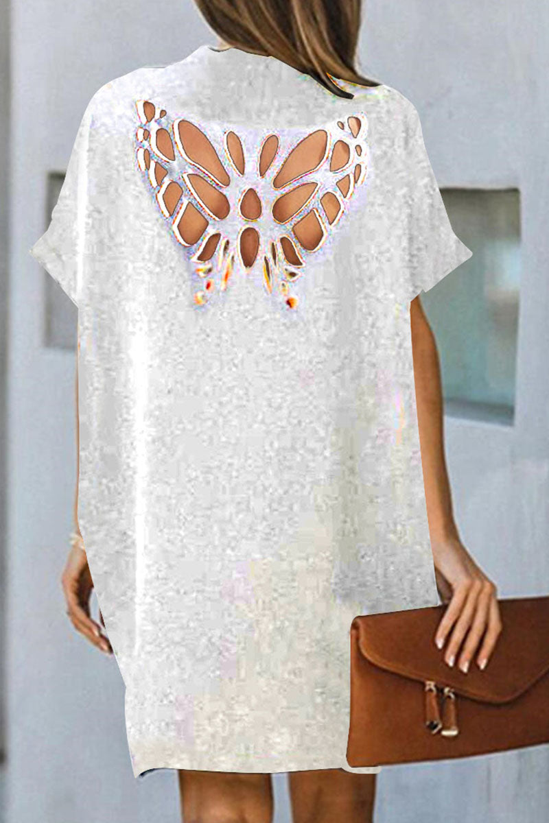 Fashion Casual Solid Hollowed Out V Neck A Line Dresses - Fashionpara