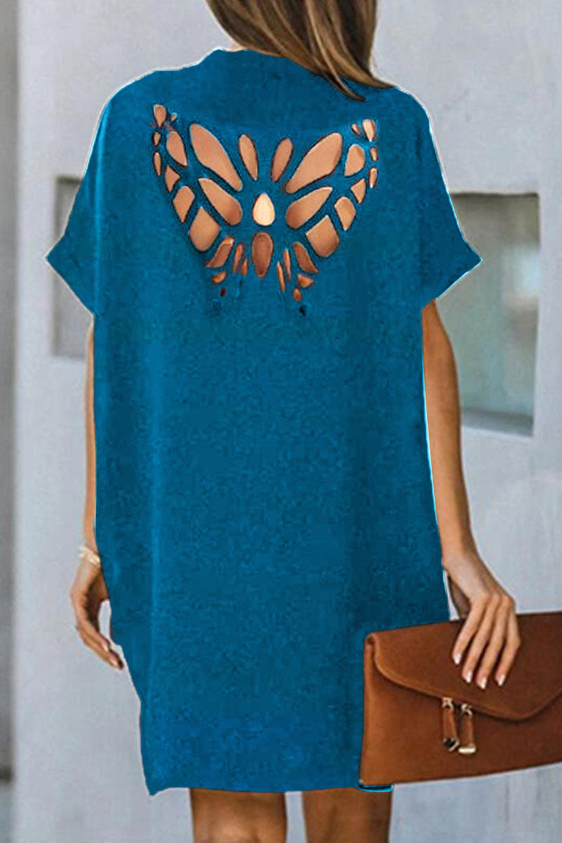 Fashion Casual Solid Hollowed Out V Neck A Line Dresses - Fashionpara