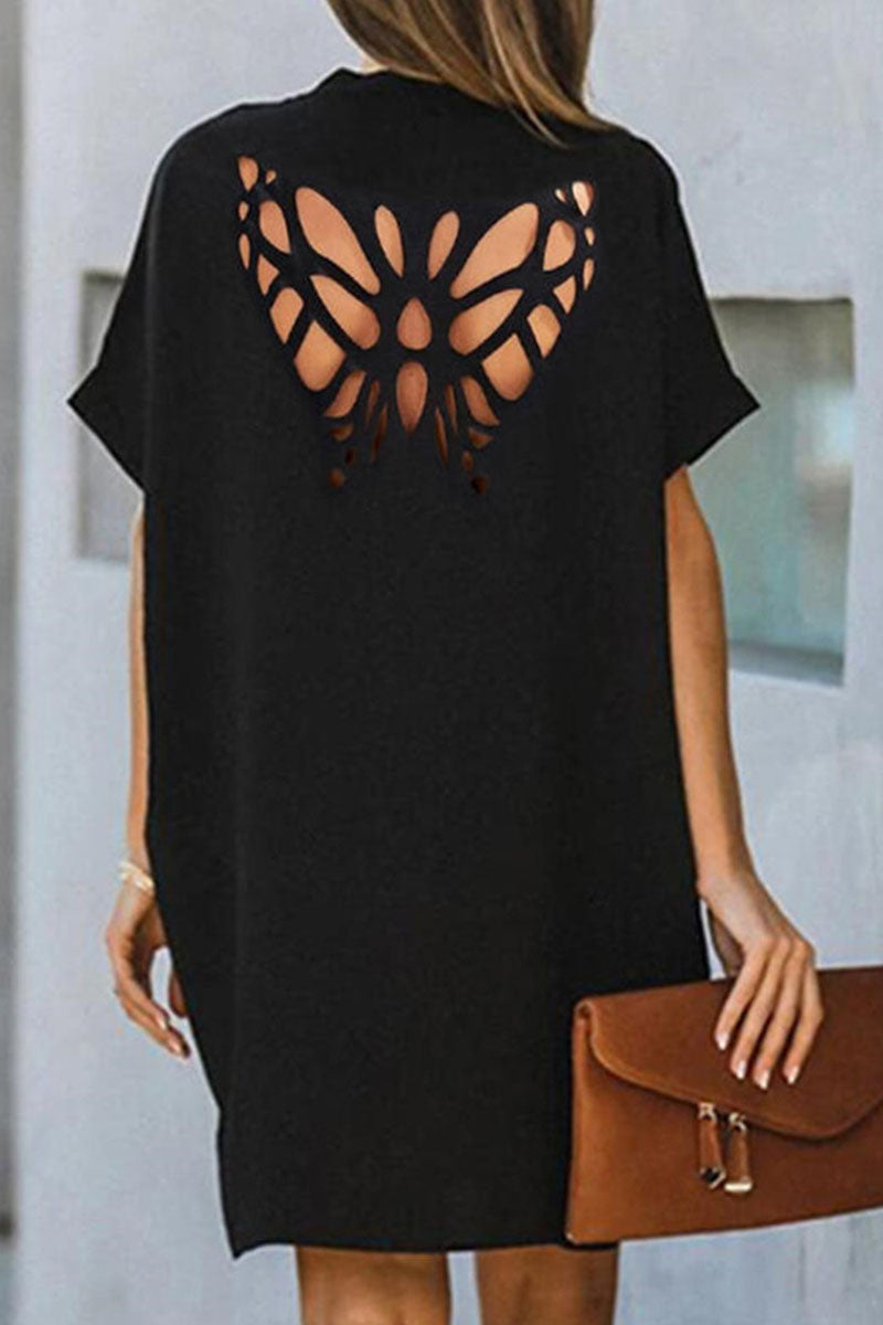 Fashion Casual Solid Hollowed Out V Neck A Line Dresses - Fashionpara