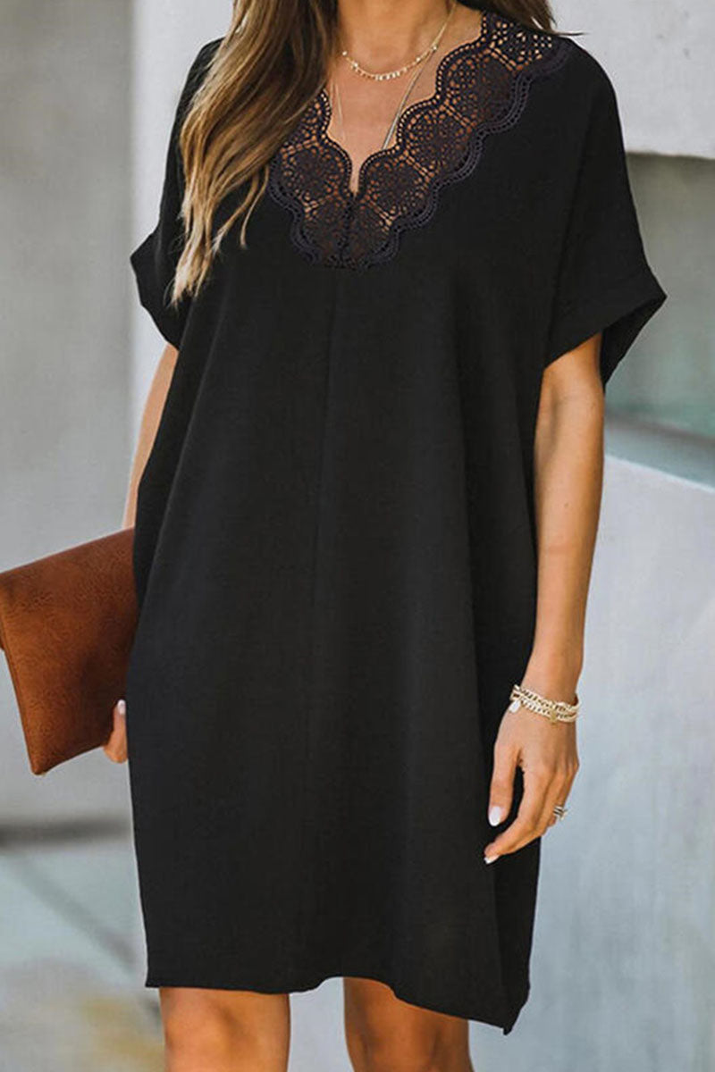 Fashion Casual Solid Hollowed Out V Neck A Line Dresses - Fashionpara