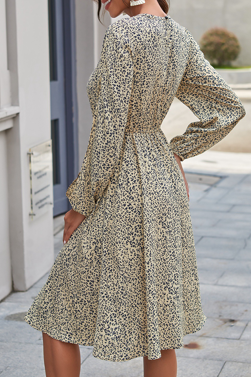 Fashion Elegant Print Split Joint Buttons O Neck A Line Dresses - Fashionpara