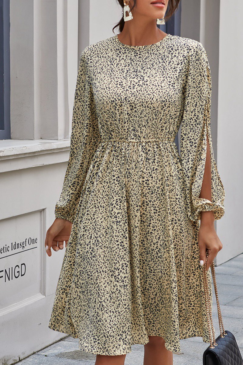 Fashion Elegant Print Split Joint Buttons O Neck A Line Dresses - Fashionpara