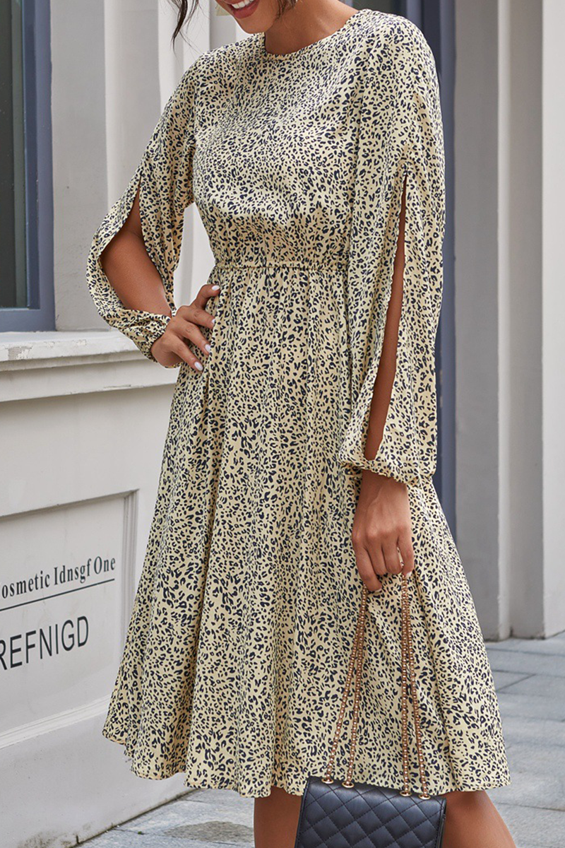 Fashion Elegant Print Split Joint Buttons O Neck A Line Dresses - Fashionpara