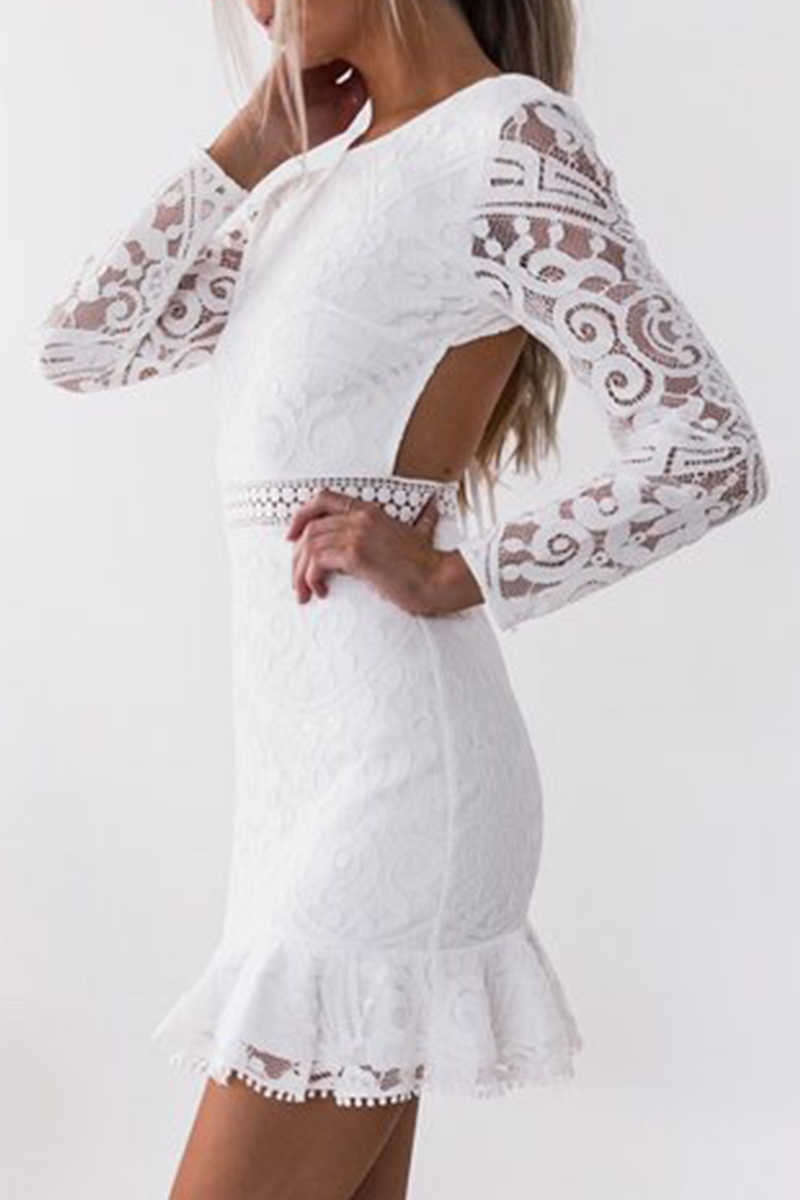 Fashion Elegant Solid Hollowed Out Frenulum Backless O Neck Wrapped Skirt Dresses - Fashionpara