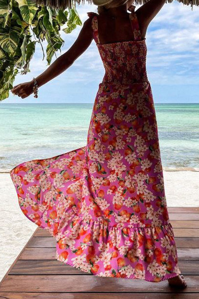 Elegant Print Flounce Slit Spaghetti Strap A Line Dresses - Fashionpara