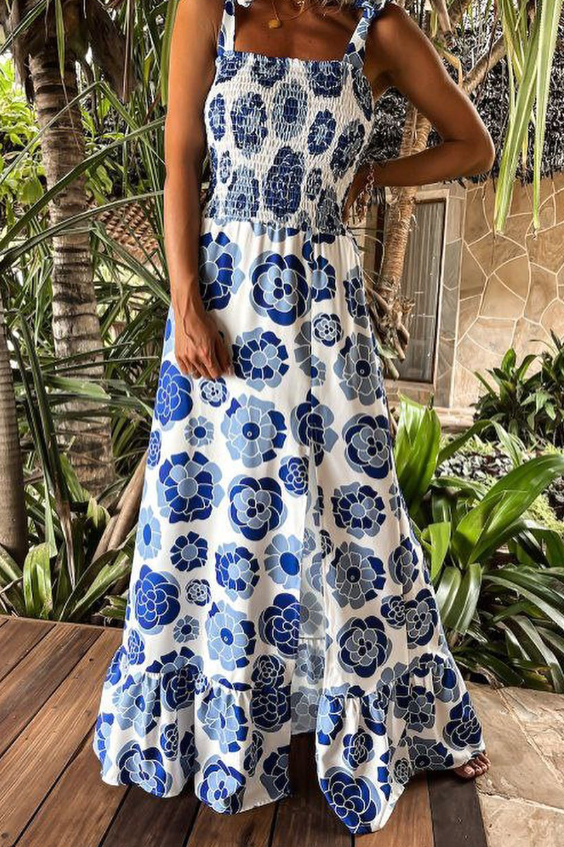 Elegant Print Flounce Slit Spaghetti Strap A Line Dresses - Fashionpara