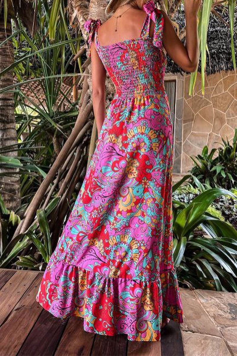 Elegant Print Flounce Slit Spaghetti Strap A Line Dresses - Fashionpara