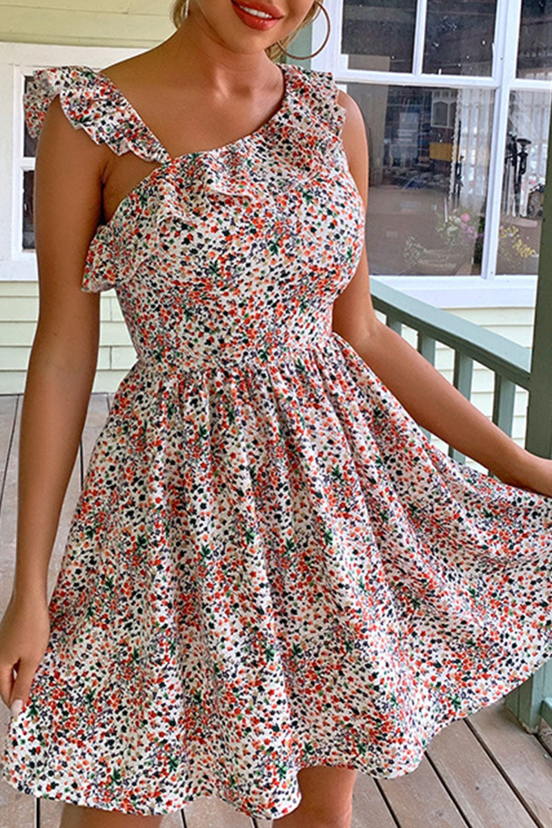 Fashion Street Print Patchwork Oblique Collar A Line Dresses - Fashionpara