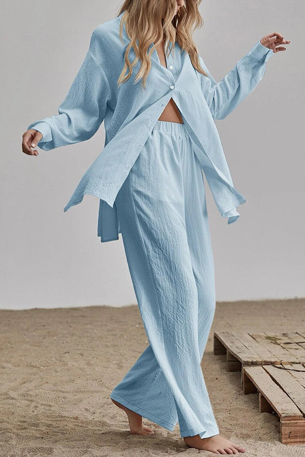 Button Blouse Wide Leg Pants Set - Fashionpara