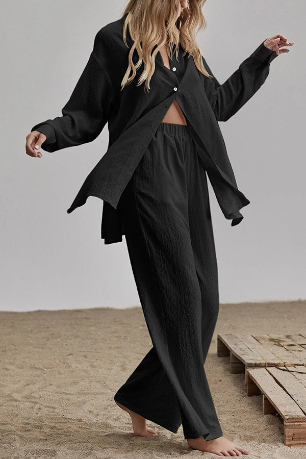 Button Blouse Wide Leg Pants Set - Fashionpara